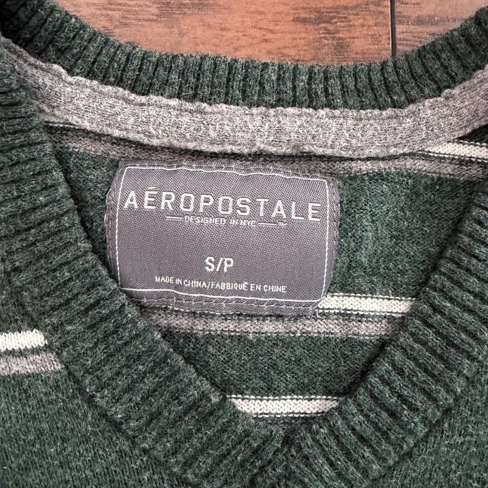 Aeropostale Green and White Striped V-Neck Sweater - Picture 2 of 3